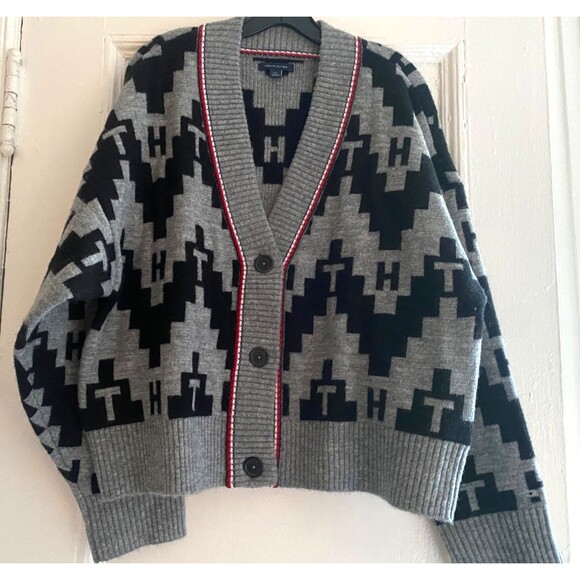 Rare! Tommy Hilfiger Fair Isle Cardigan Logo Cotton Wool Alpaca LARGE. NWOT - Picture 1 of 11